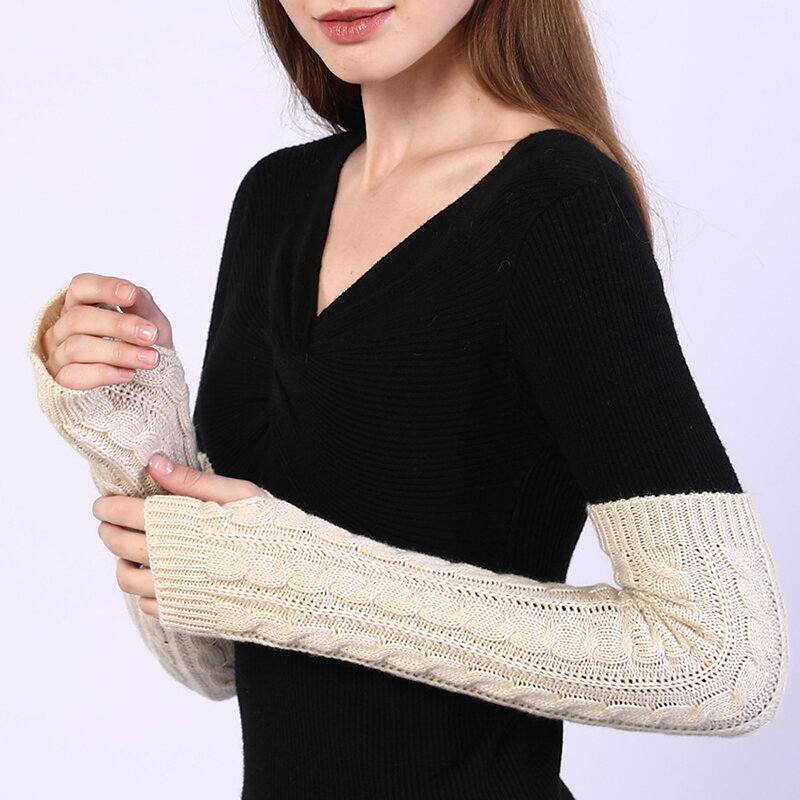 Manga de braço torcido tricotada para mulheres, monocromática, mangas térmicas, decoração, todo o jogo, tricô longo elegante, luva sem dedos, 50cm