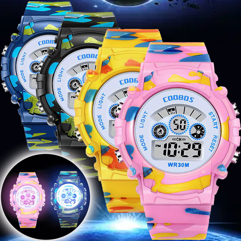 Relógios de camuflagem luminosa para crianças, flash colorido led, alarme digital à prova d'água para meninos e meninas, anti-colisão, relógio infantil criativo