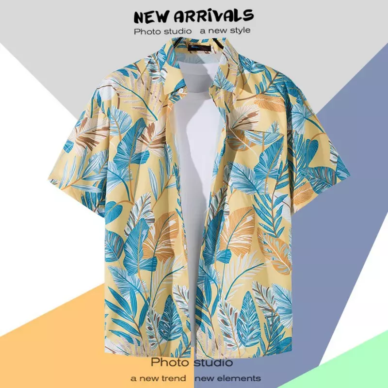 Camisa havaiana de manga curta masculina, botão lapela, estampada de moda, camisa florida, retrô Hong Kong, férias na praia, verão