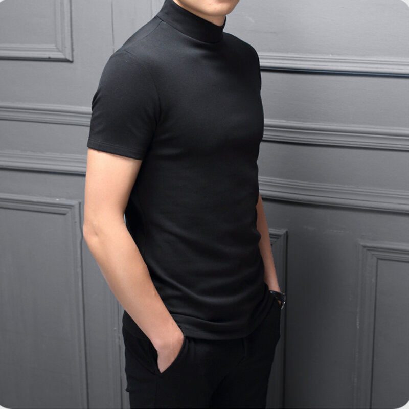 Мужская приталенная футболка из мерсеризованного хлопка, Однотонная футболка с коротким рукавом и высоким воротником, лето 2022