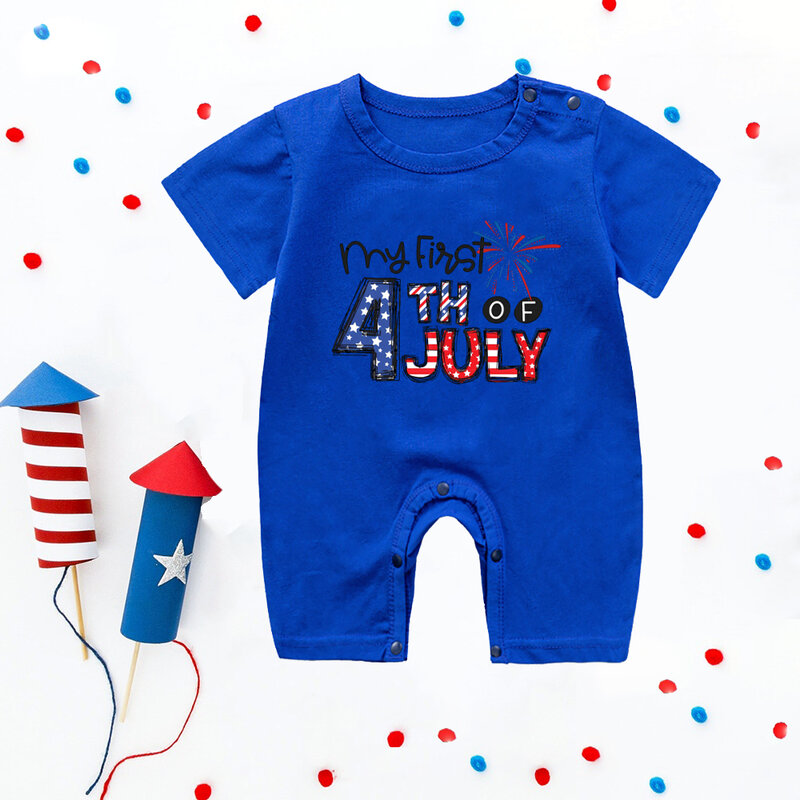 Baju monyet bayi Motif 4 Juli saya, Jumpsuit lengan pendek leher bulat hadiah bayi Hari Kemerdekaan