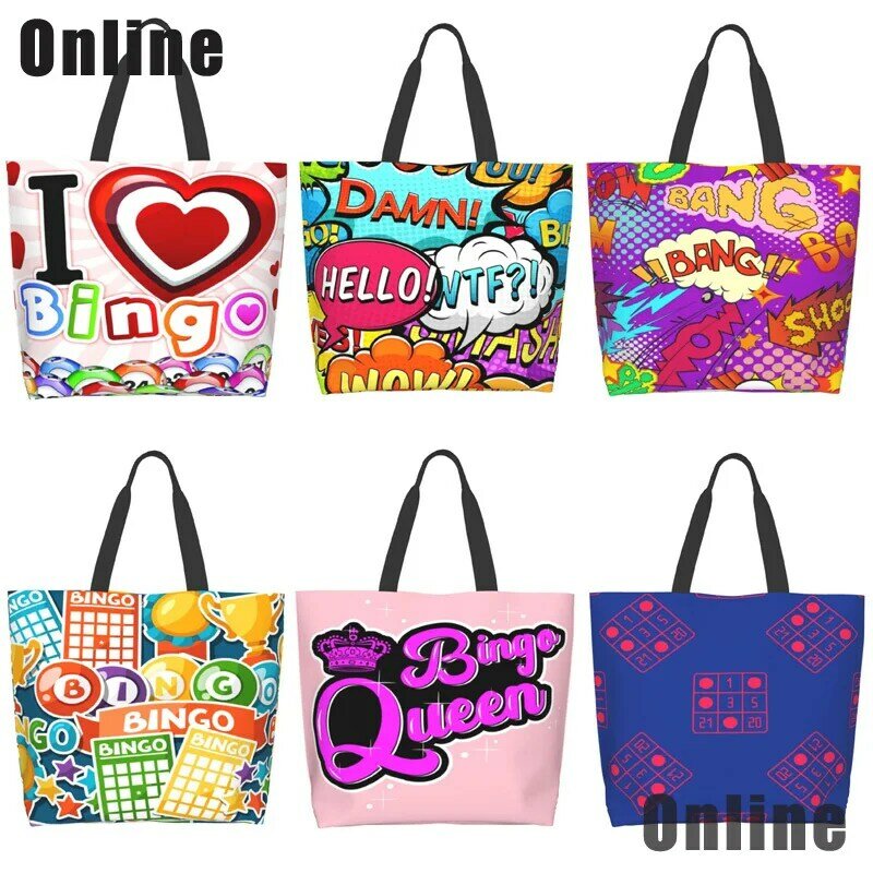Eu amo o jogo de bingo Bolsas engraçadas, bolsas de ombro, sacola de compras casual para mulheres, sacos de compras reutilizáveis para meninas