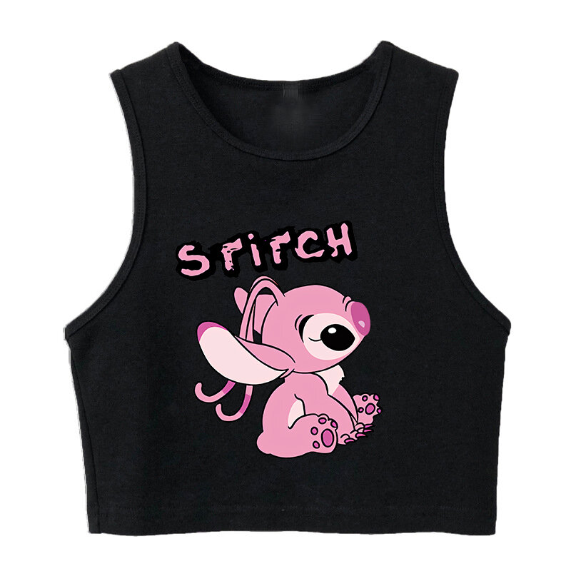 เสื้อกล้าม Disney Lilo Stitch ลายการ์ตูนเสื้อยืดสตรีทเสื้อเอวลอยลายกราฟิก Kaus jahitan สำหรับผู้หญิง