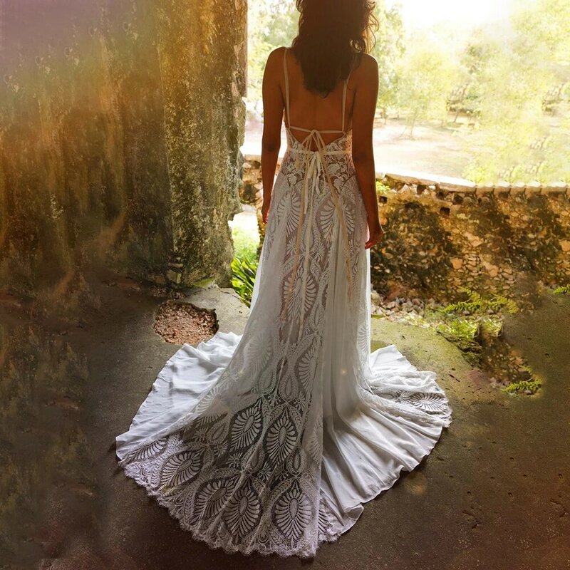 Lace Patchwork Boho Spaghetti Straps Wedding Dress Plus Size Countryside Custom Made A Line Chiffon Beach Elopement Bridal Gown