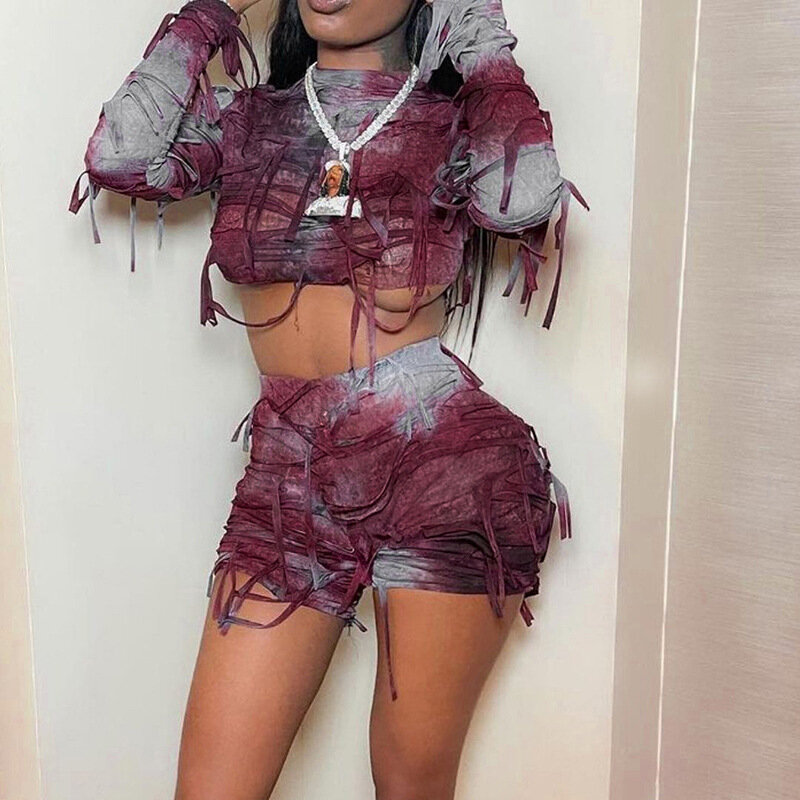Tie Dye Crop Bandage Tops Two Piece Set Women Sexy Casual Fashion Outfit 2022 Fall Clothes Streetwear Clothes Sets Biker Shorts