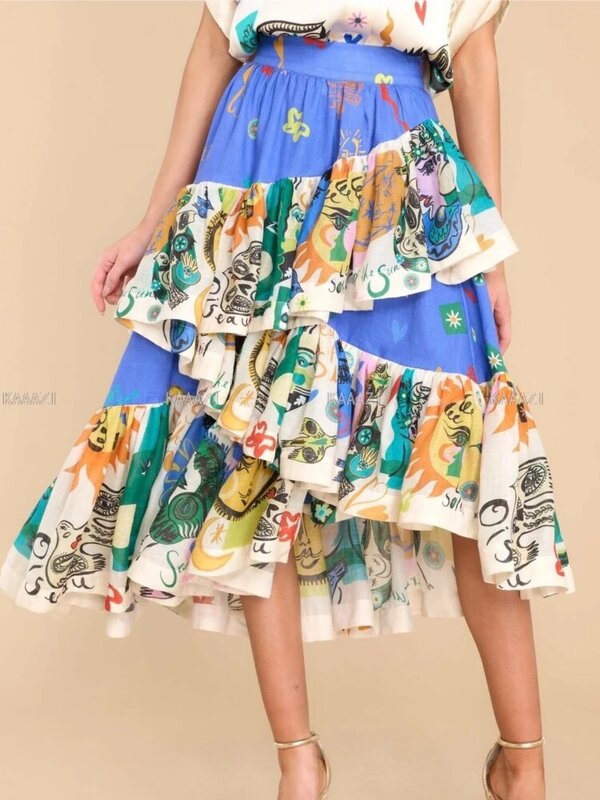 Big Hem Print Fashion Versatile Printed Midi Skirt Holiday Beach Women Streetwear Summer Fairycore Streetwear Ladies Vintage New