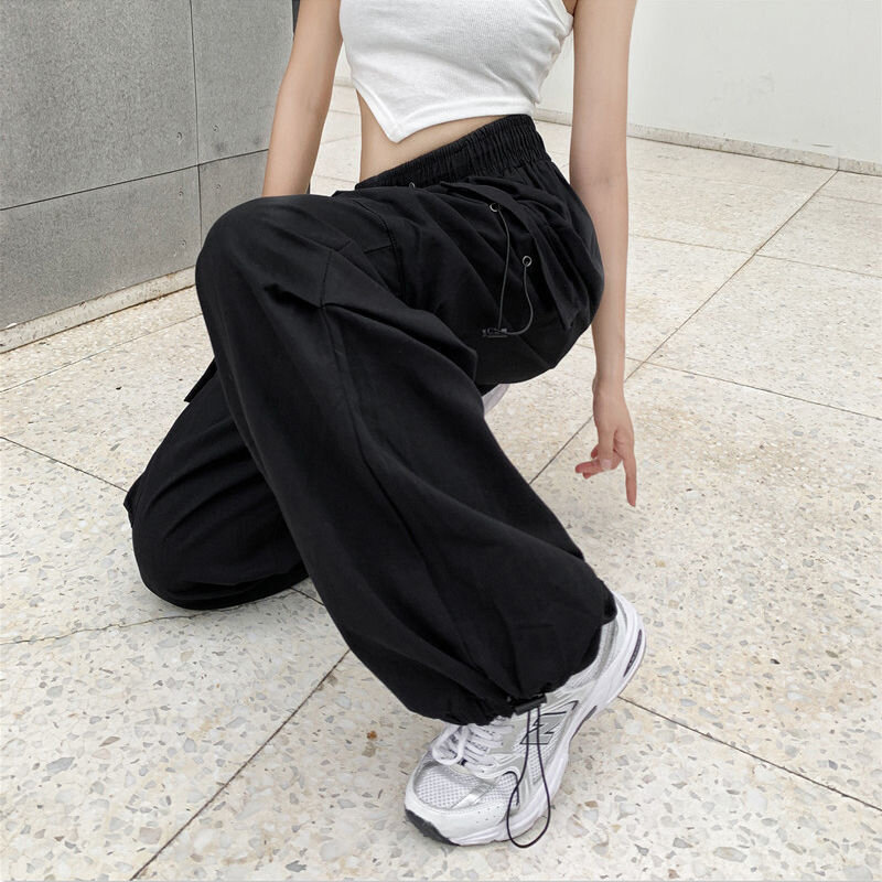Женские уличные брюки-карго Y2K, повседневные однотонные мешковатые прямые брюки в Корейском стиле Харадзюку, модные брюки-джоггеры с широкими штанинами и карманами