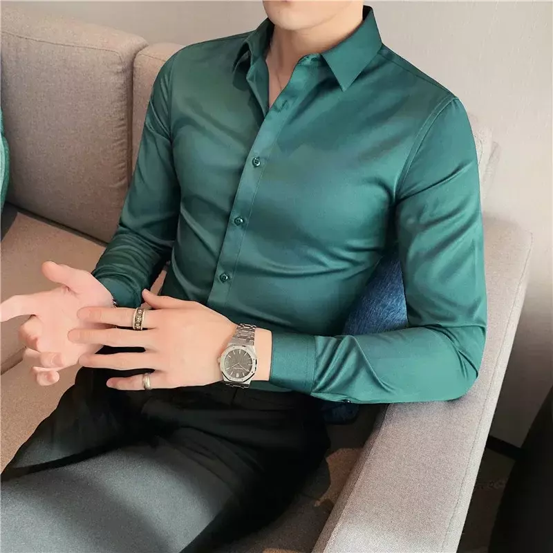 Размера плюс Высококачественная Мужская классическая рубашка 2021, Осенние однотонные деловые облегающие рубашки с длинным рукавом, мужское платье, Повседневная рубашка