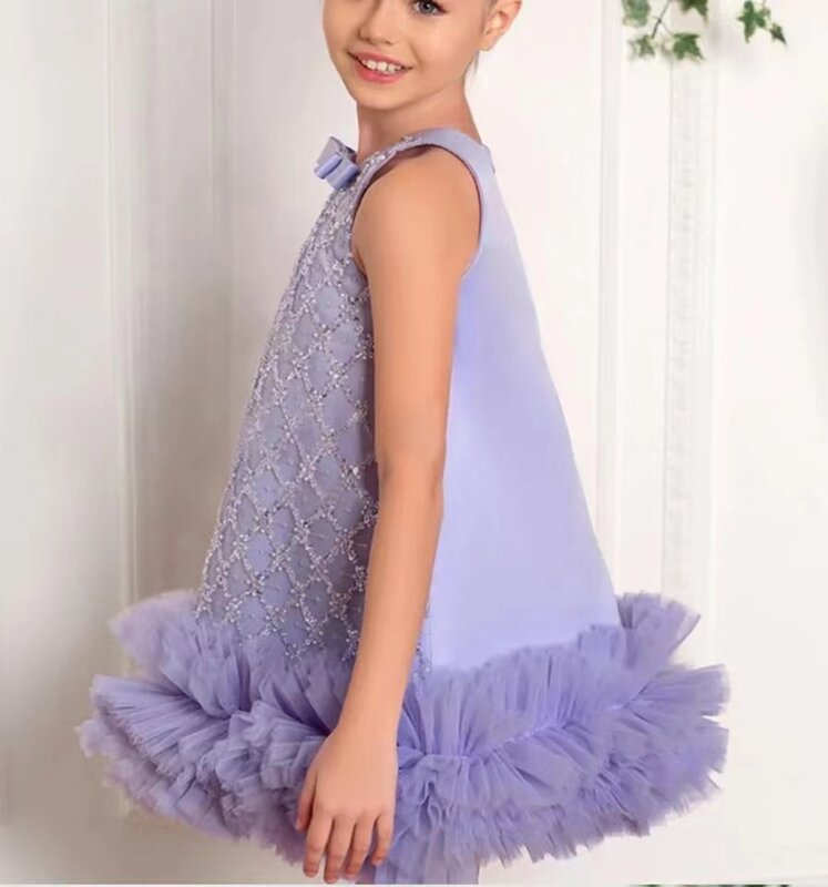 Luxury Shiny Princess Flower Girl Dress Scoop Neck Puff Girls Party Dresses for Wedding Tulle Kids Christmas Ceremonial Dress