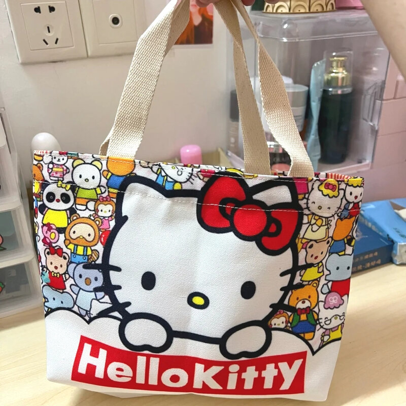 Tas kanvas kartun Hellos Kittys Tote, tas jinjing portabel banyak pola, tas Bento, tas penyimpanan belanja mainan hadiah
