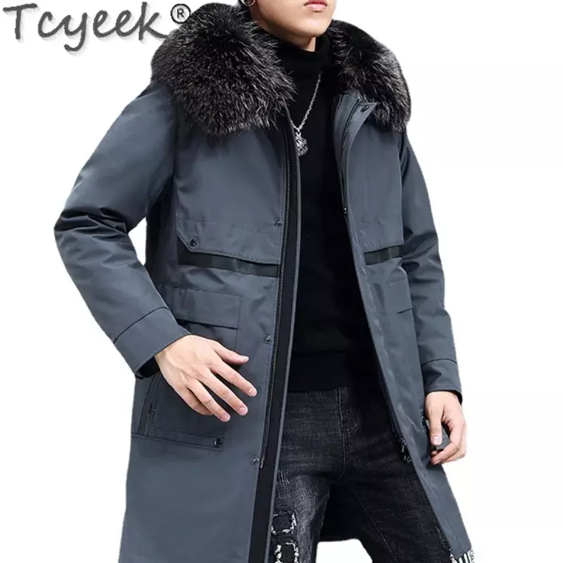 Tcyeek – veste en fourrure de raton laveur pour homme, parka mi-longue, manteau d'extérieur, col en fourrure de lapin