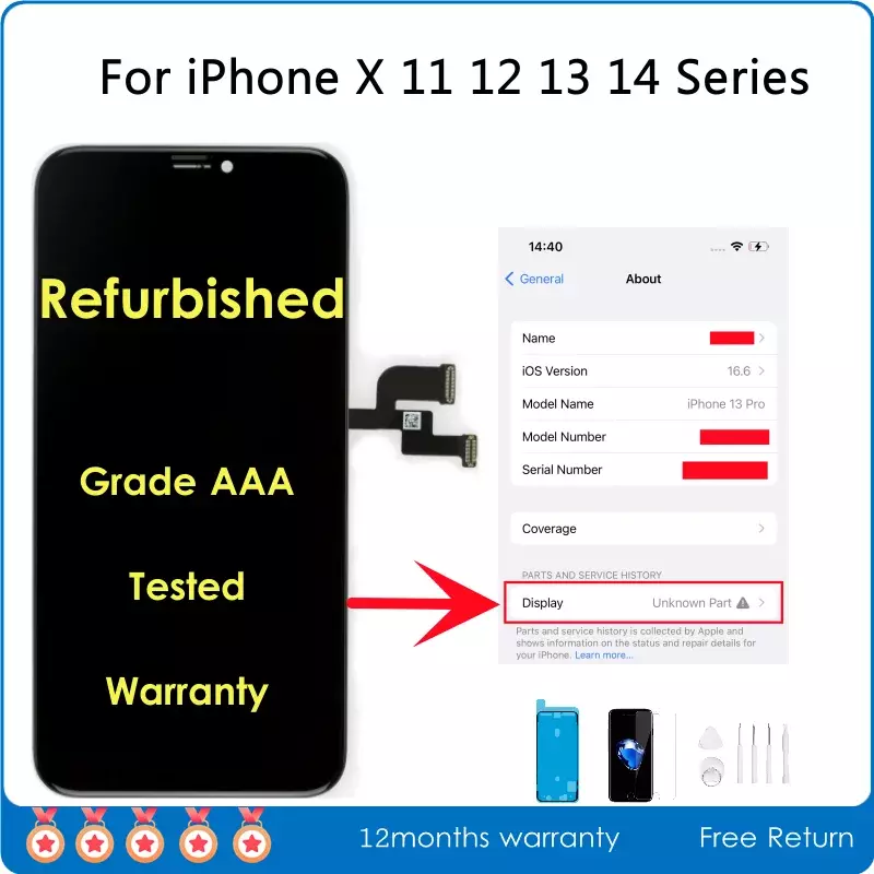 شاشة رسمية مجددة لـ iPhone ، مجموعة شاشات LCD ، استبدال الزجاج الخارجي المتغير ، X ، XR ، XS ، 11 ، 12 ، 13 mini ، 14 Pro Max ، AAA