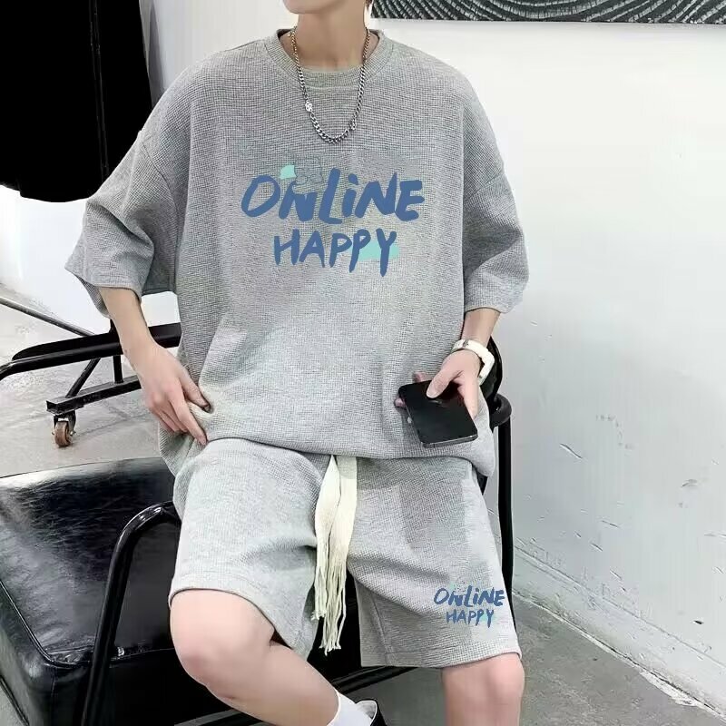 Men's 2024 New Summer Casual Letter Print Loose Size Round Neck Short Sleeved T-shirt+Loose Drawstring Motion Leisure Shorts Set