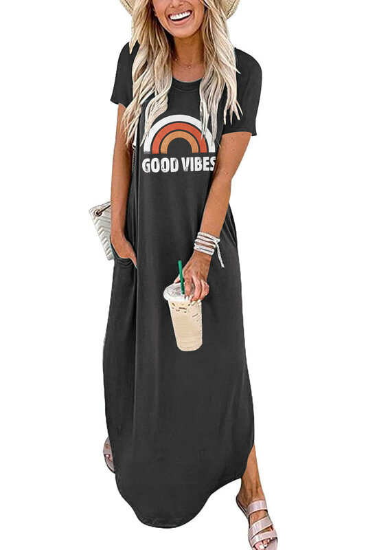 New Summer Women's Loose Dress Good Vibes Rainbow Beach Stretch Sports Casual Pocket Print Long Skirt