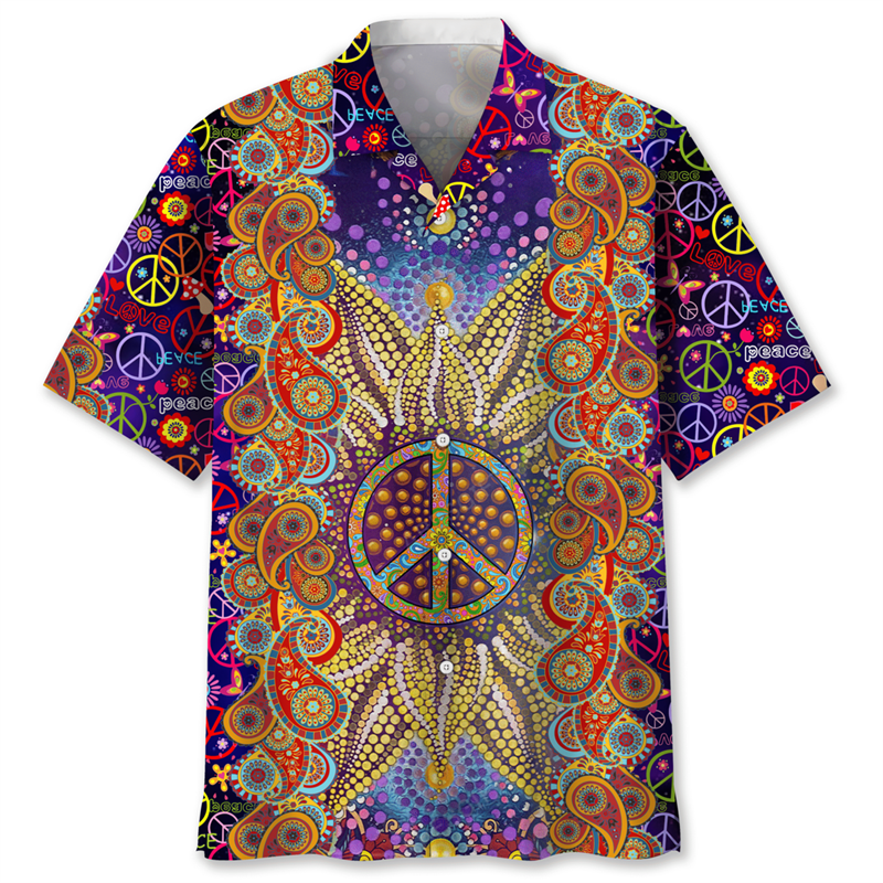 Vintage Colorful Peace Pattern Hawaiian Shirt For Men 3D Printed Floral Short Sleeves Lapel Shirts Summer Street Button Blouses