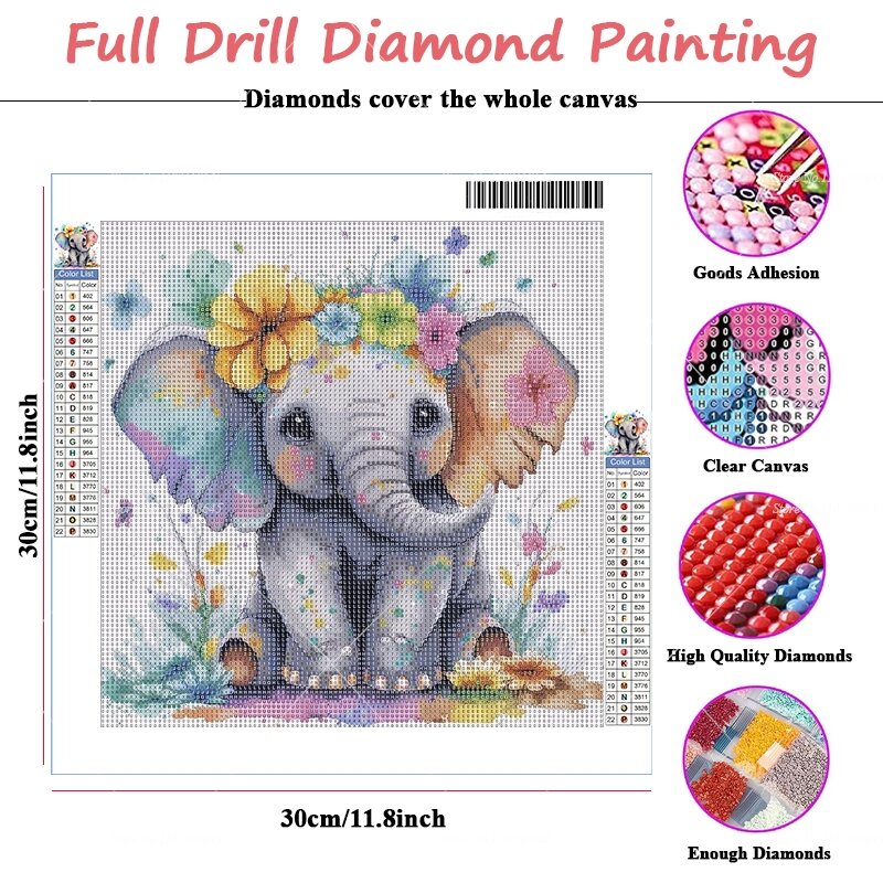 5D DIY 다이아몬드 페인팅 완료 키트, 만화 귀여운 코끼리 전체 사각형 라운드 모자이크 벽 그림, 가정 벽 장식, 어린이 선물