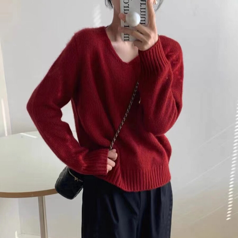 Женский свободный Однотонный свитер с V-образным вырезом и длинными рукавами