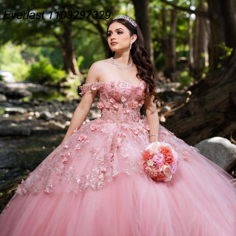 EVLAST gaun pesta Glitter Pink Quinceanera gaun manik-manik Applique bunga 3D ruffle berjenjang manis 16 Vestido De 15 Anos TQD516
