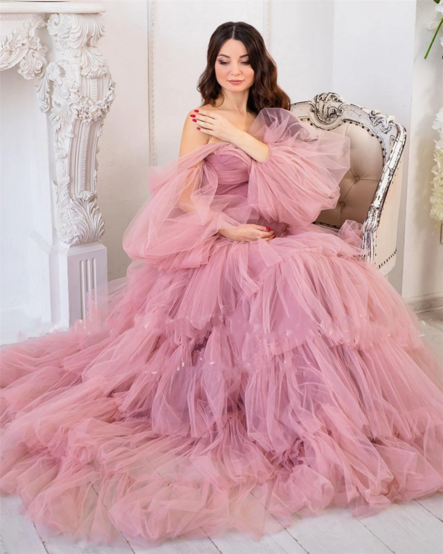 Розовая Тюлевая многослойная юбка, платья для выпускного, платья для беременных с открытыми плечами и длинными пышными рукавами, вечерние платья для влюбленных, официальные платья на шнуровке