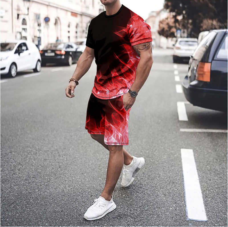 The latest men's casual and fashionable round neck T-shirt set summer 3D flame splicing shorts short sleeved  two-piece set