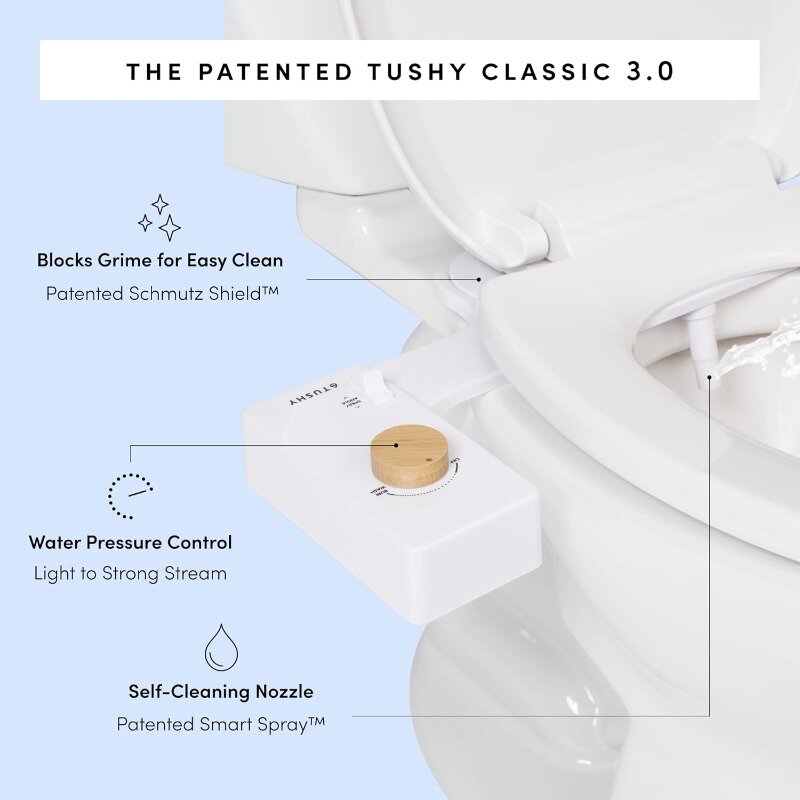 TUSHY Classic 3.0 Bidet Toilet Seat Attachment, A Non-Electric Self Cleaning Water Sprayer with Adjustable Water Pressure Nozzle