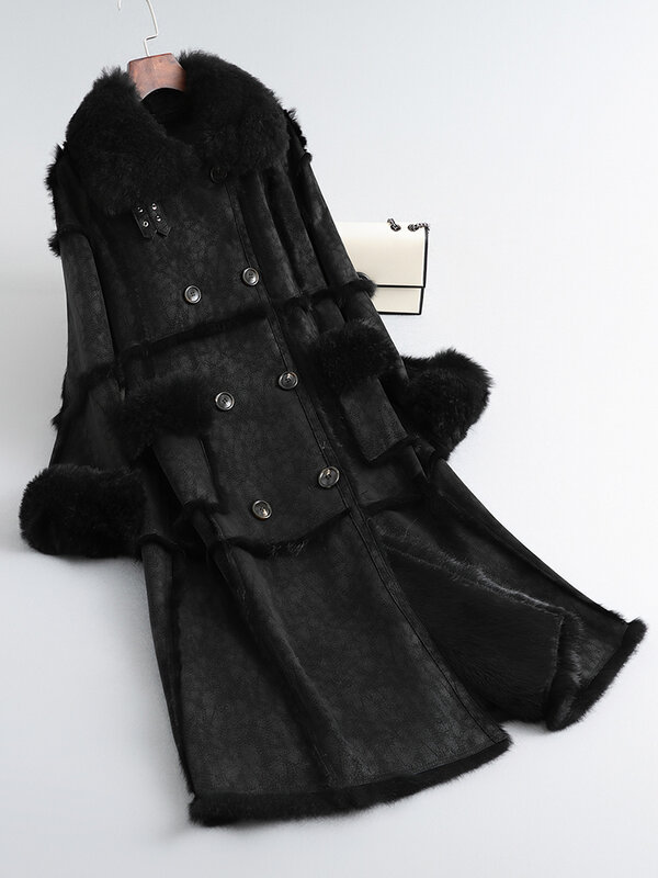 Haining-abrigo de piel de conejo integrado para mujer, abrigo de longitud media con Cuello de piel de cordero, a la moda, joven, informal