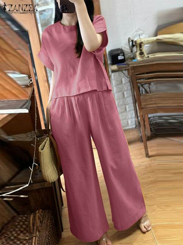 Костюм спортивный ZANZEA женский из 2 предметов, модная блузка с коротким рукавом и широкие брюки, повседневный свободный комплект, лето 2024