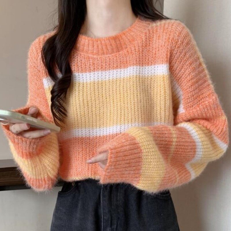 Lazy Style Loose Contrasting Striped Thickened Sweater Women's Autumn Winter Paired Short Knit Pullovers Top Both Outside Wear