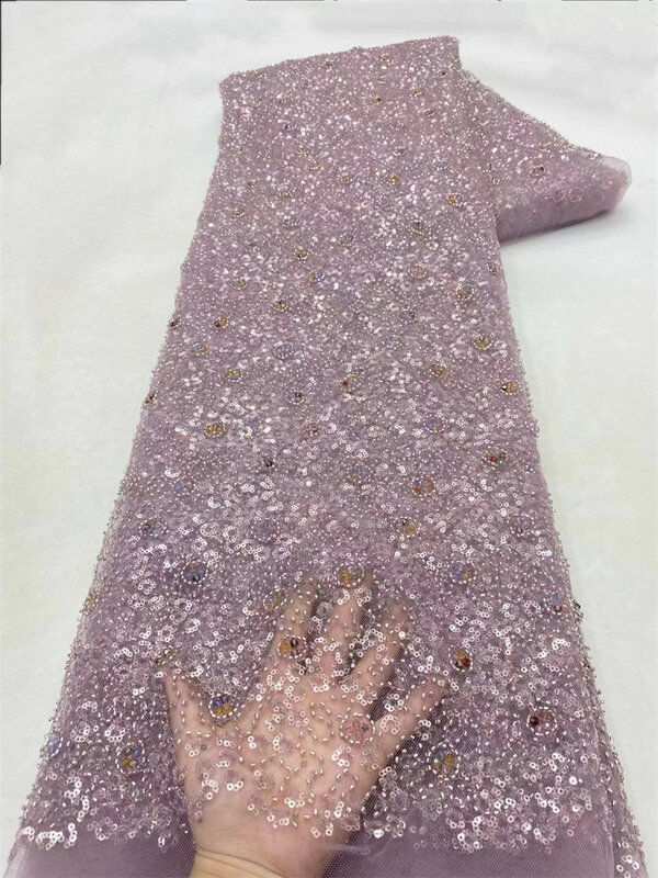 Tissu de dentelle de filet perlé de broderie française de pêche, maille de tulle de NigWin africain, paillettes brillantes, robe de mariée, 2024