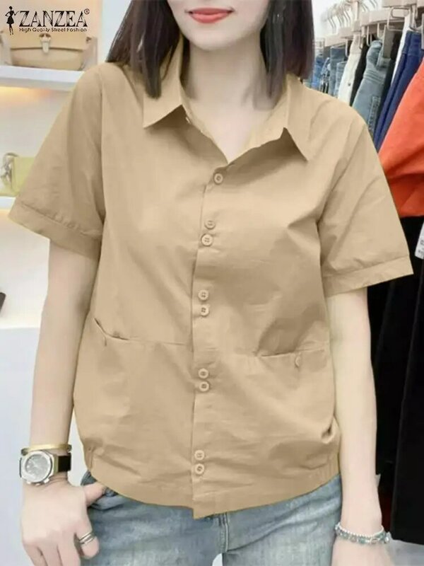 ZANZEA-blusa feminina de manga curta com lapela, botões casuais para baixo, túnica, blusa feminina elegante de trabalho, moda verão 2024