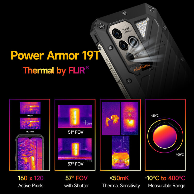 Ulefone-Power Armor 19T Thermal Imaging Camera, FLIR, Estreia Mundial®Celular Robusto Helio G99, 17GB RAM + 256GB ROM, 66W