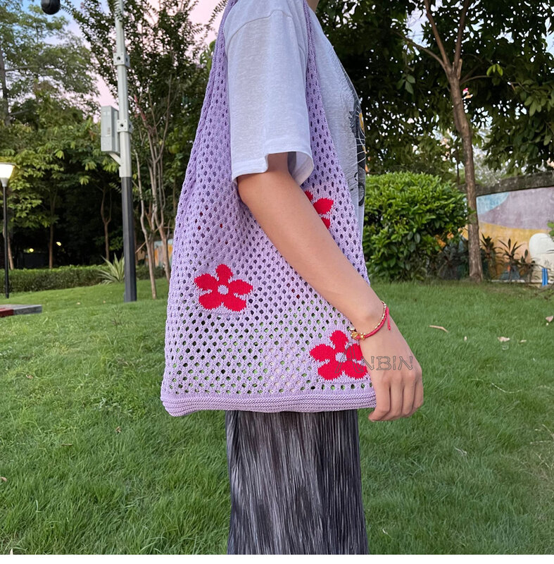 Moda dzianinowe damskie torby na ramię kwiaty letnie torebki na plażę szydełkowe torba-kamizelka o dużej pojemności torebka damska Designer Shopper