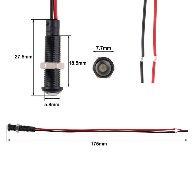 Luz indicadora de plástico negro oxidado, Mini lámpara de señal piloto LED de advertencia, 6V, 12V, 24V, 220V, con cable rojo, amarillo, azul y verde, 6mm, 1 unidad