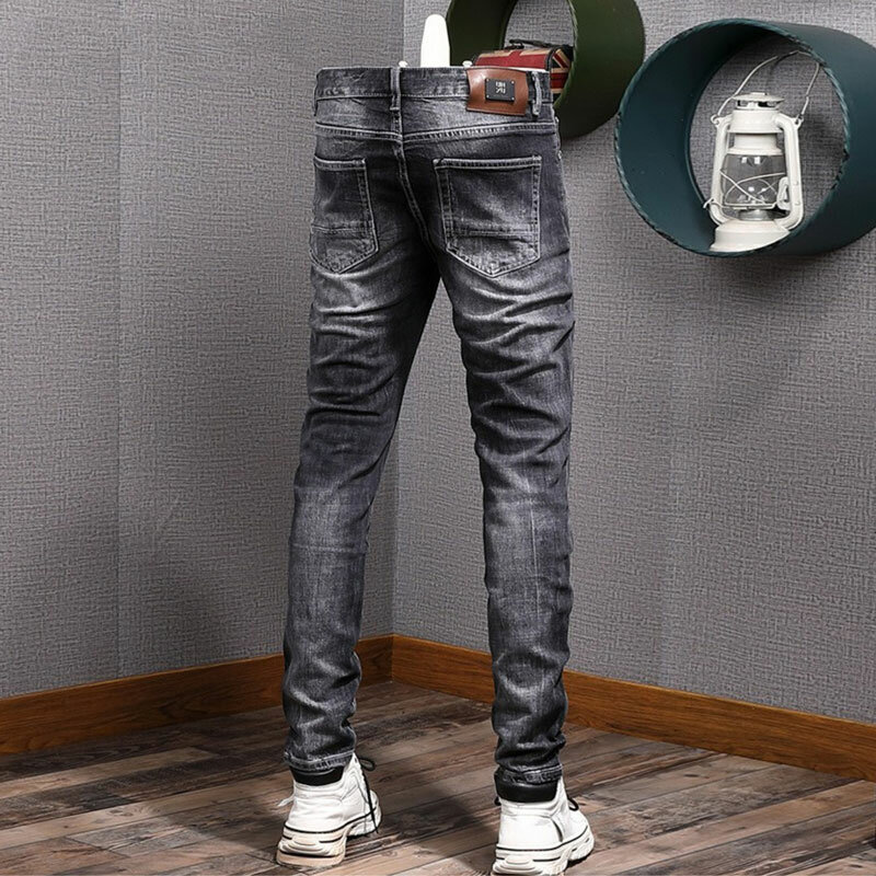 Street Style Fashion Men Jeans Retro Black Gray Stretch Slim Fit Vintage Ripped Jeans Men Patched Designer Hip Hop Denim Pants