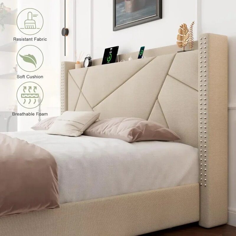 Marco de cama con 4 cajones de almacenamiento, estación de carga de cabecero, soporte de listones de madera maciza, marco de cama
