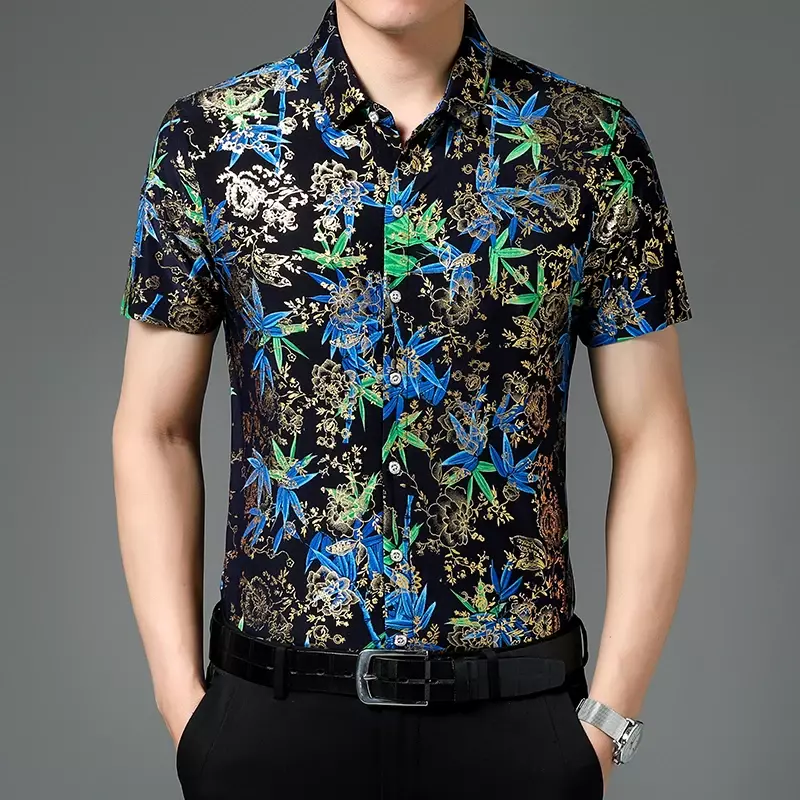 Summer Men's Short Sleeved Shirt, Ice Silk Printed Shirt, Trendy Fashion Casual Tops