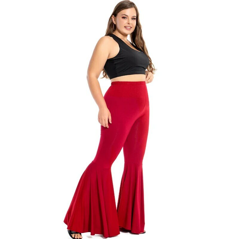 Babbytoro ผู้หญิง Flare กางเกงขายาวขากว้างหลวม Bell ด้านล่าง Dance Party Modal ผ้าฝ้าย Legin กางเกง Plus ขนาด5XL 4XL 3XL L สีดำสีแดง