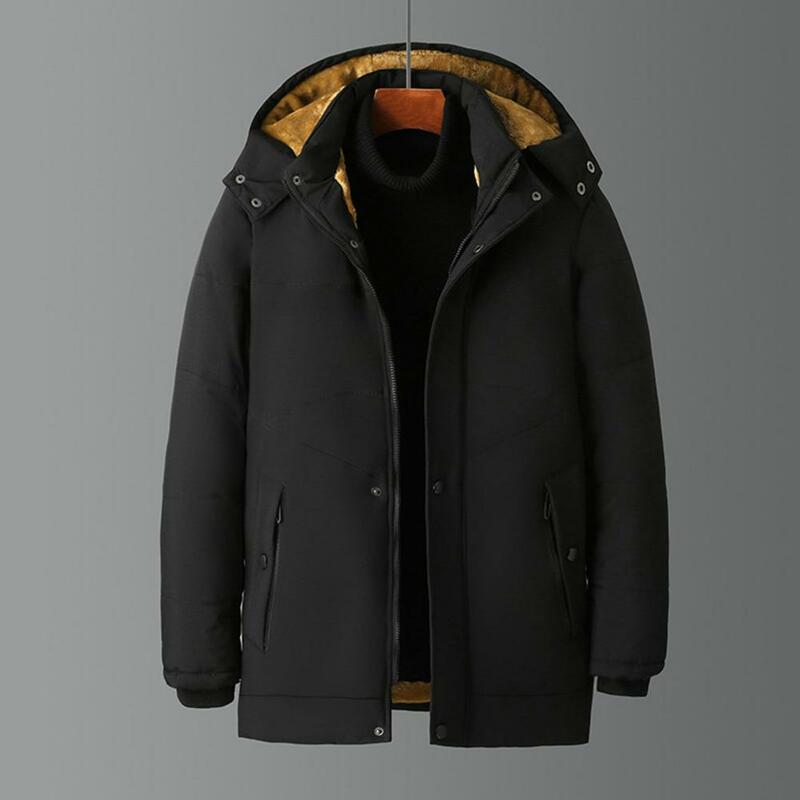 Jaket musim dingin pria, mantel katun tebal berkerudung dapat dilepas tahan angin saku lembut perlindungan kepala ritsleting