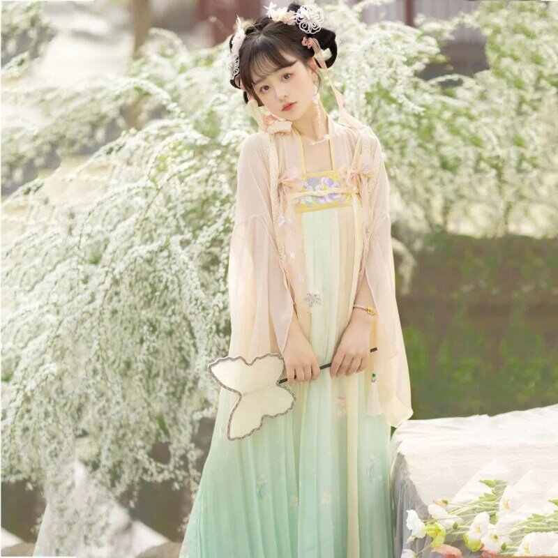 Zomer Chinese Stijl Vintage Lieve Fee Hanfu Jurk Vrouwen Elegante Bloemenborduurwerk Prinses Kostuum Vrouwelijke Chique Feestjurken