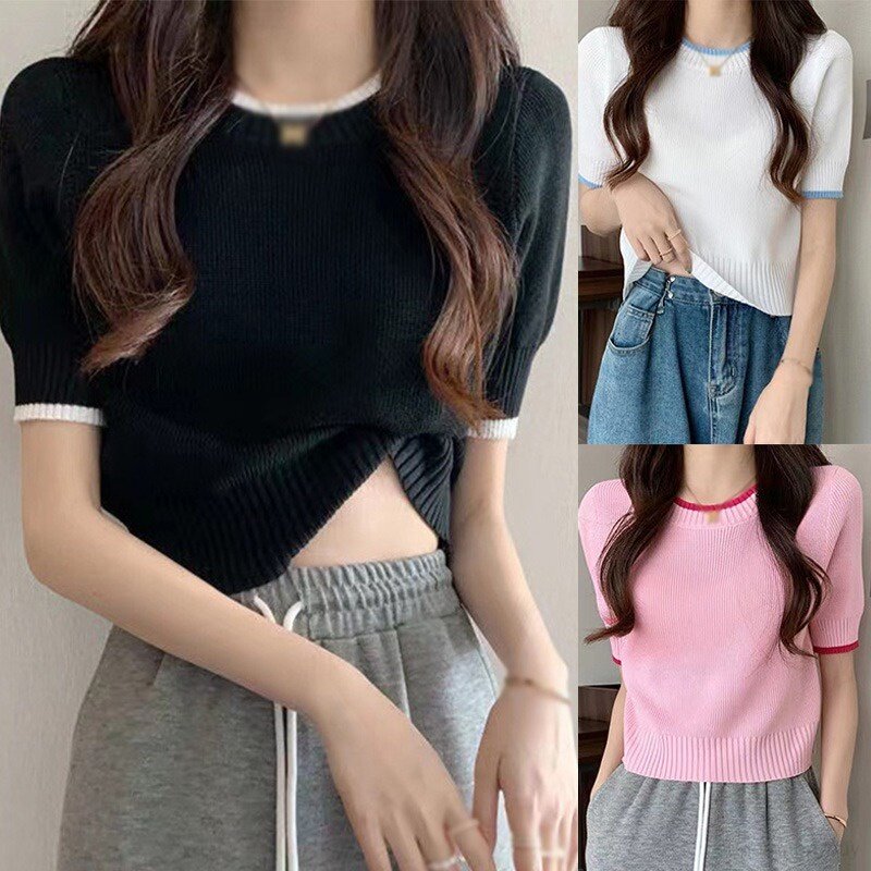 Women's Short-sleeved T-shirt Summer Crew Neck Solid Color Top Vintage Top Sweater Casual Ladies Bottoming Shirt