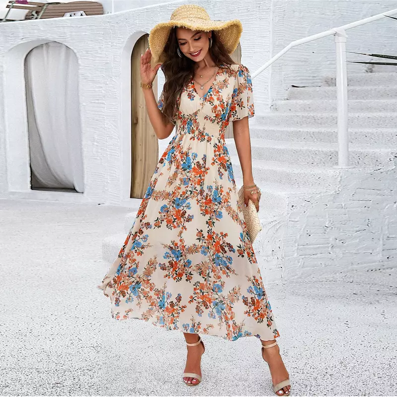 Yeae eleganter Temperament druck taillierter V-Ausschnitt Damen Kurzarm kleid Frühling und Sommer heißer Verkauf lässiges Mode kleid neu