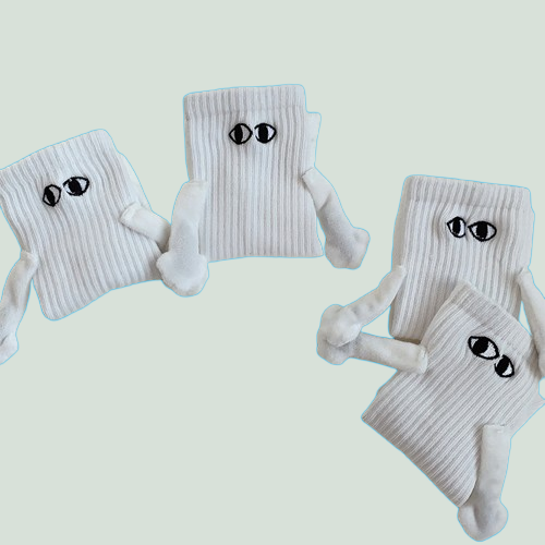 1 Paar Mode Vrouw Sokken Grappige Creatieve Magnetische Aantrekkingskracht Handen Zwart Wit Cartoon Ogen Paren Sokken