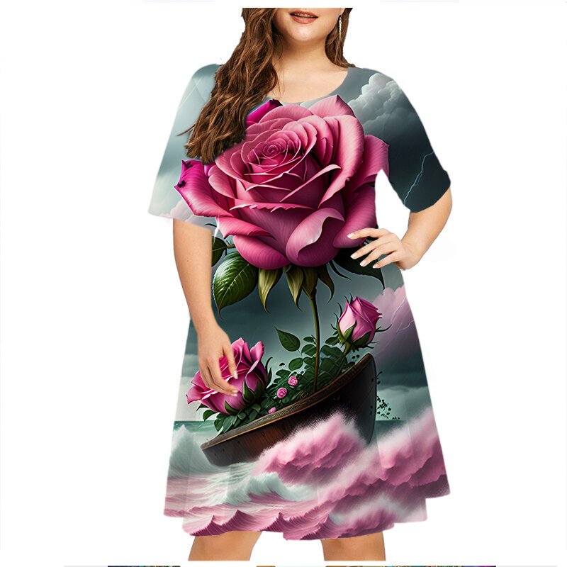 Robe d'été décontractée à manches courtes pour femmes, imprimé floral 3D, robe de soirée, mode féminine, grande taille, 6XL, 2023