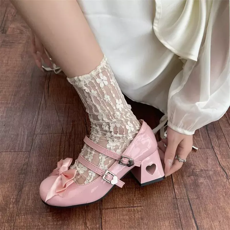 Mary Jane Lolita Shoes Women Y2K Patent Leather Low Heels Pumps Women Silk Bow Tie Ankle Straps Party Shoes Zapatos De Mujer