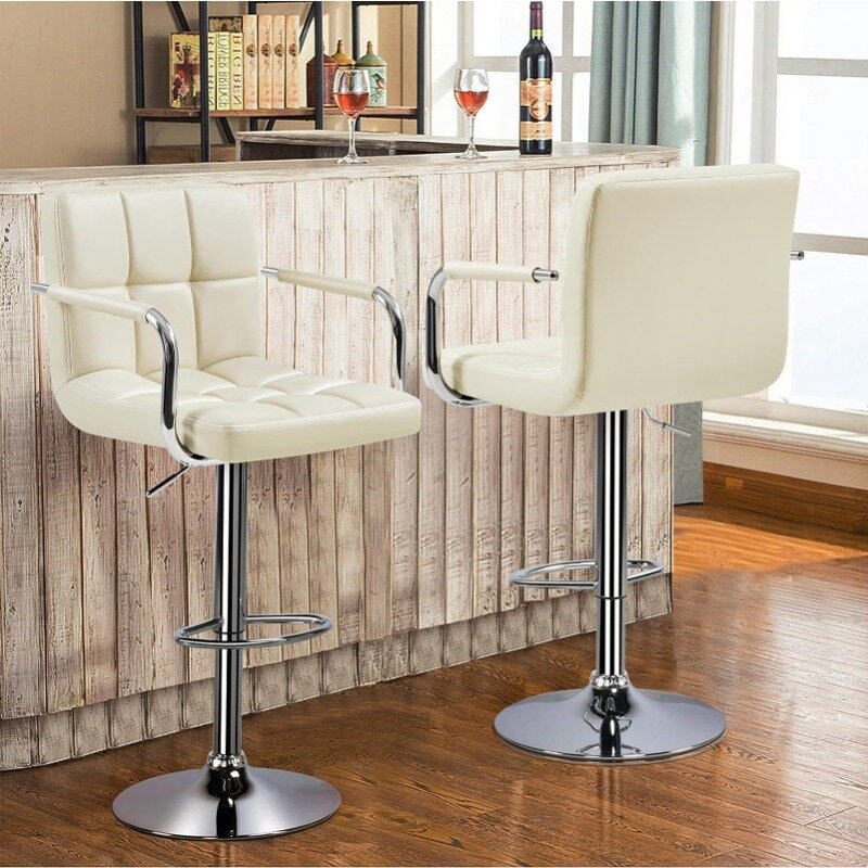 Bangku Bar tinggi Set 2 bangku kulit PU kotak Modern, bangku Bar tinggi dapat disesuaikan dengan lengan dan kursi Bar belakang