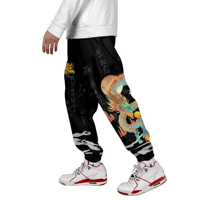 Pantalones bombachos de dragón chino 3D para hombre, Joggers, ropa de calle japonesa, pantalones de trabajo