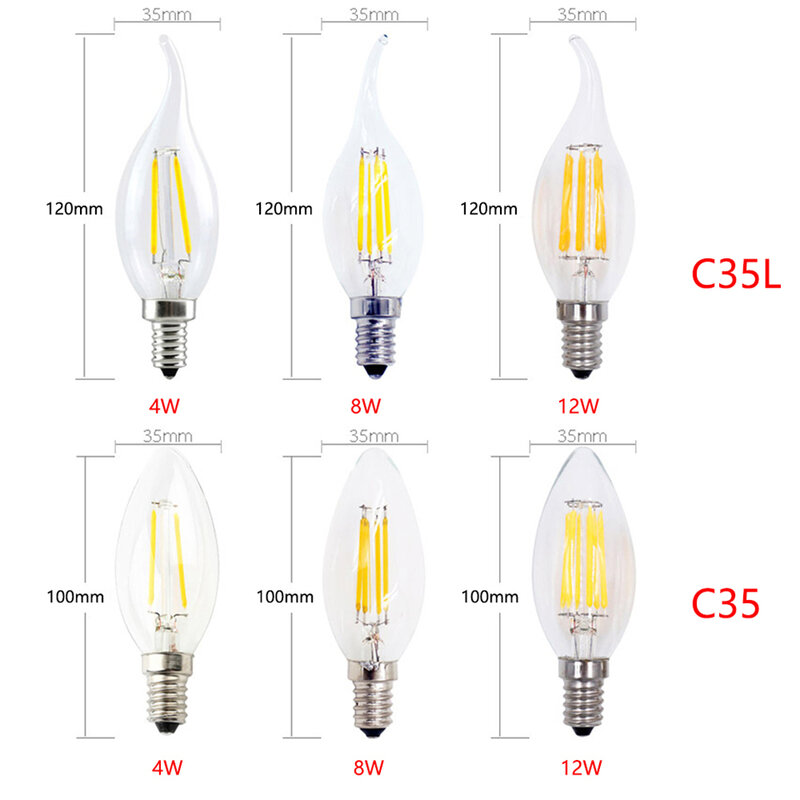 Lámpara LED de 360 grados, Bombilla Edison de cristal antiguo Retro, C35, C35L, G45, E14, E27, 4W, 8W, 12W, AC220V