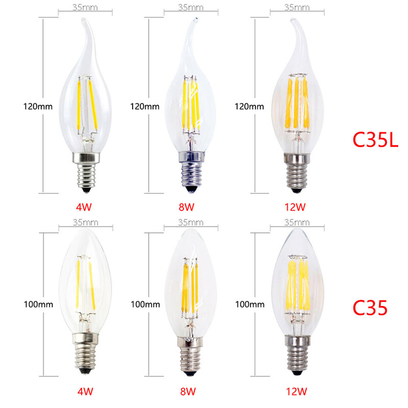 Lampa LED C35 C35L G45 żarówka świeczka E14 E27 4W 8W 12W AC220V Retro antyczne szkło żarówka edisona W stylu Vintage oświetlenie Led 360 stopni