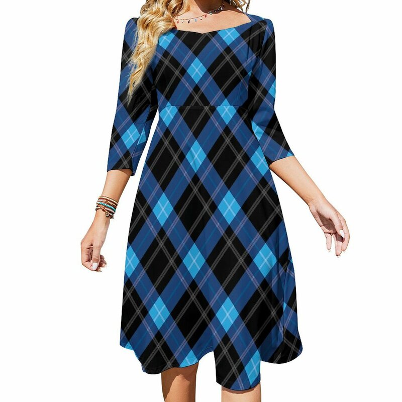 Blue Plaid Casual Dress Women Classic Lines Print Aesthetic Dresses Cute Dress With Bow Summer Oversized Vestido