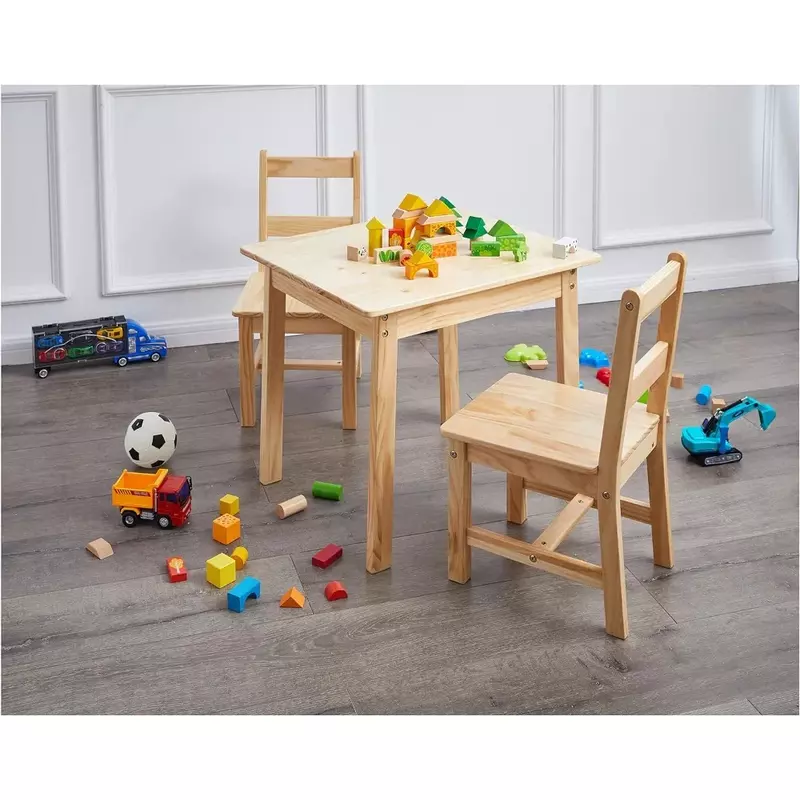 어린이용 단단한 나무 테이블 및 세트, 어린이 테이블 및 의자 2 개, 자연 운임 무료, 3 종 세트, 20x24x21 인치